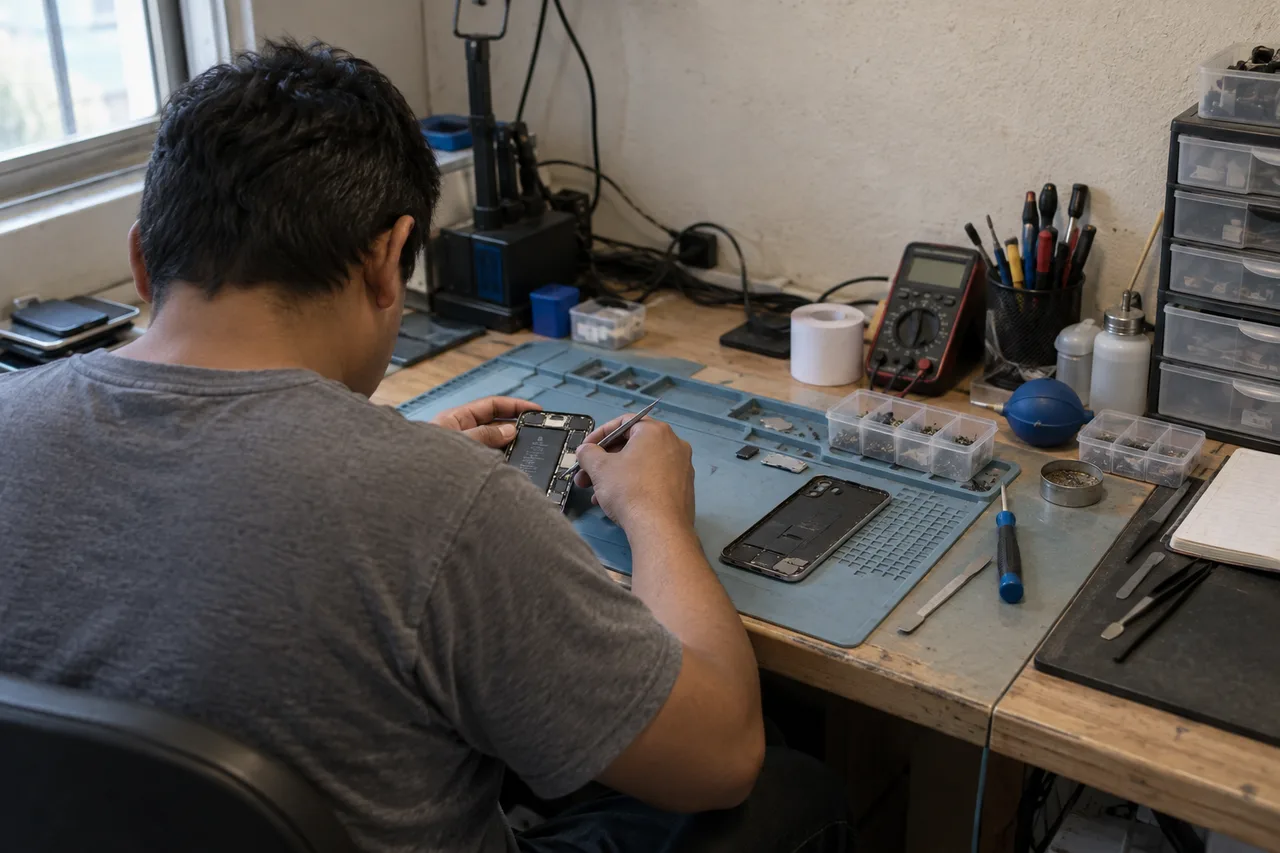Persona de espaldas reparando un teléfono en un banco de trabajo usado