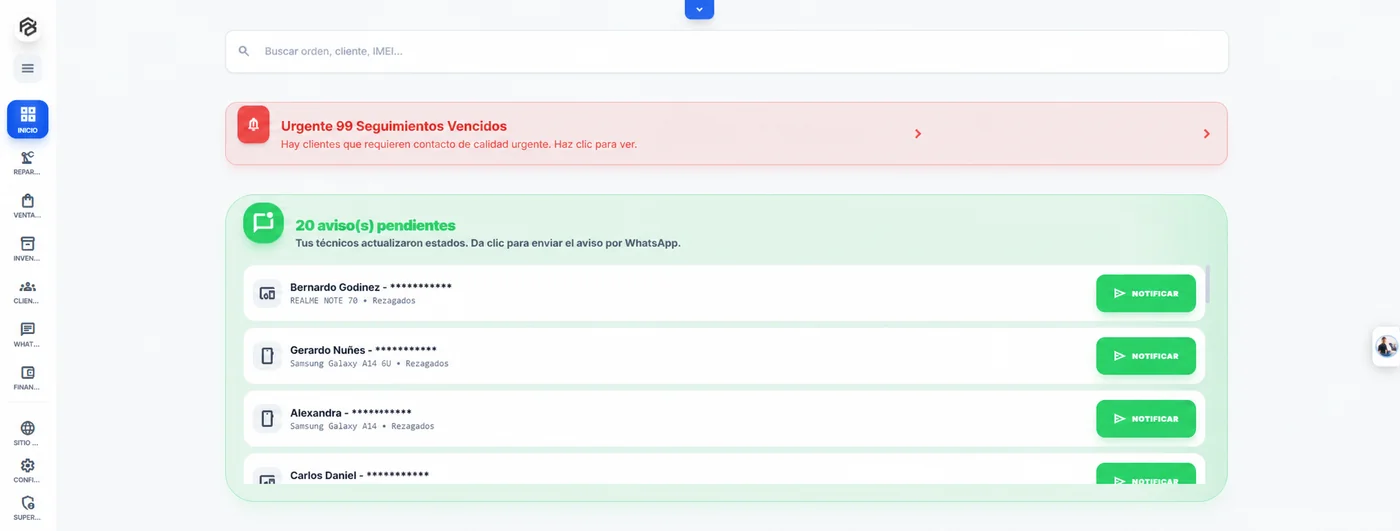 Avisos pendientes en Fix OS con botón para notificar a cada cliente por WhatsApp cuando su equipo cambia de estado