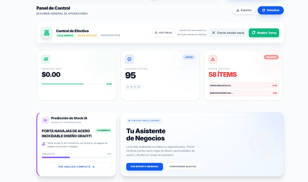 El panel de control de Fix OS: caja del día, equipos listos para entregar y stock crítico