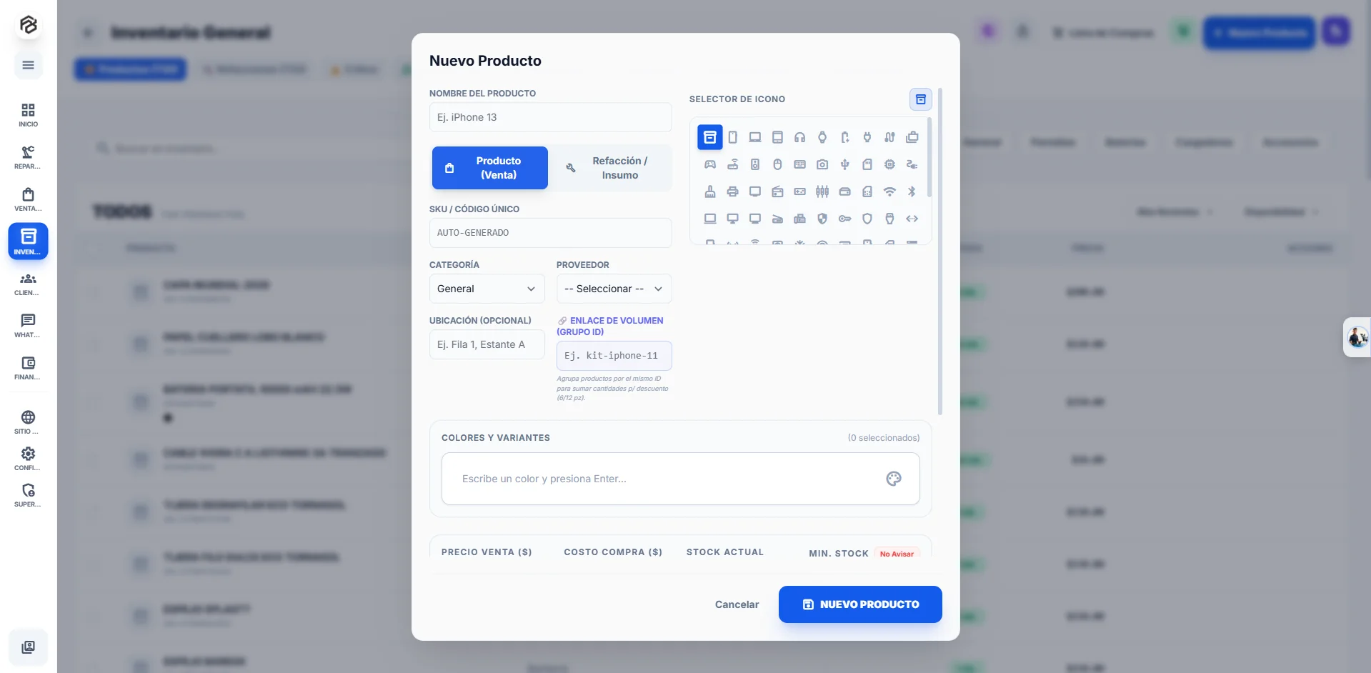Inventario de Fix OS: alta de producto con SKU autogenerado, categoría, proveedor, colores y variantes