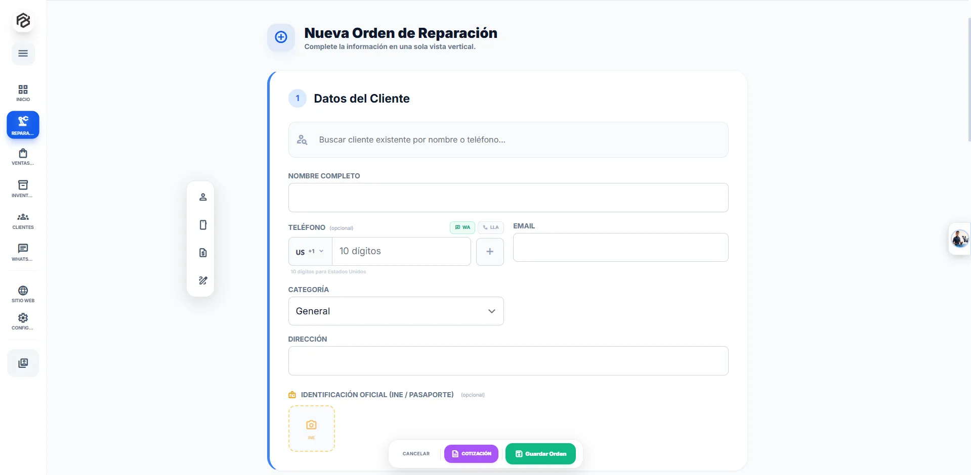 Nueva orden de reparación en Fix OS, paso 1: datos del cliente con búsqueda e identificación oficial