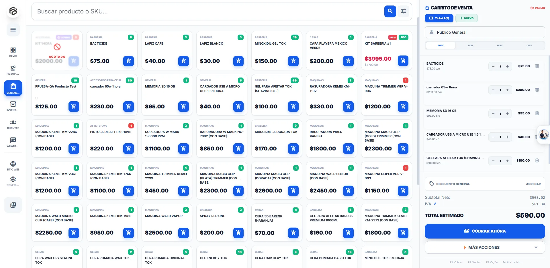 Punto de venta de Fix OS: catálogo con existencias y carrito de venta con total y botón de cobro