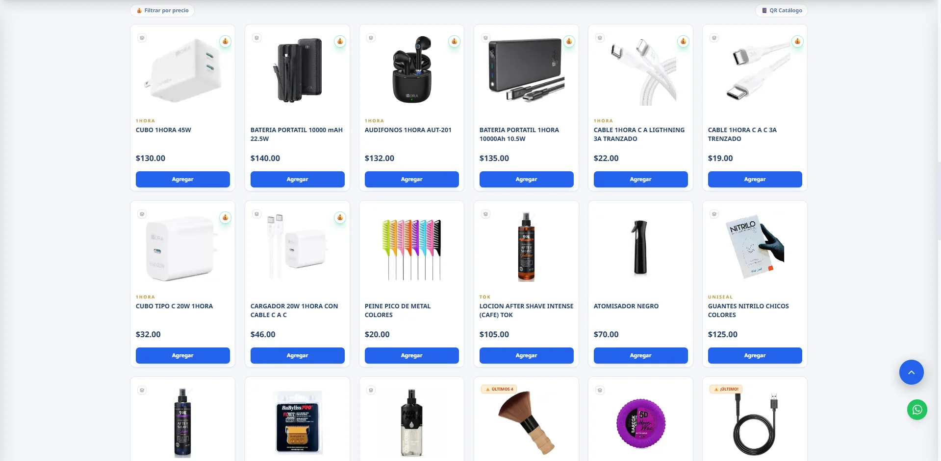 Tienda en línea creada con Fix OS: catálogo de productos con precios, existencias y botón de agregar al carrito