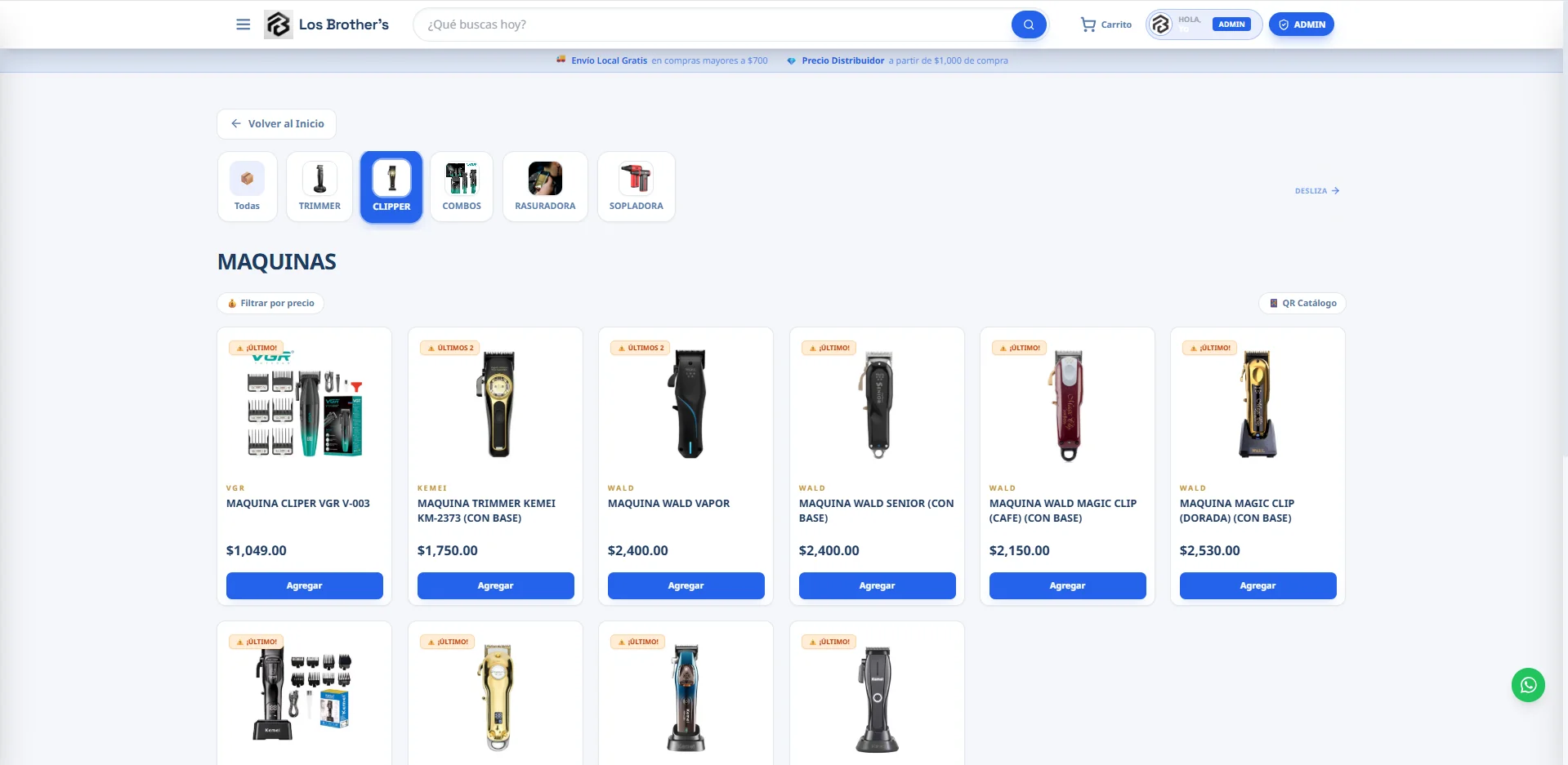 Tienda en línea de Los Brother's con Fix OS: categorías de productos y catálogo de máquinas