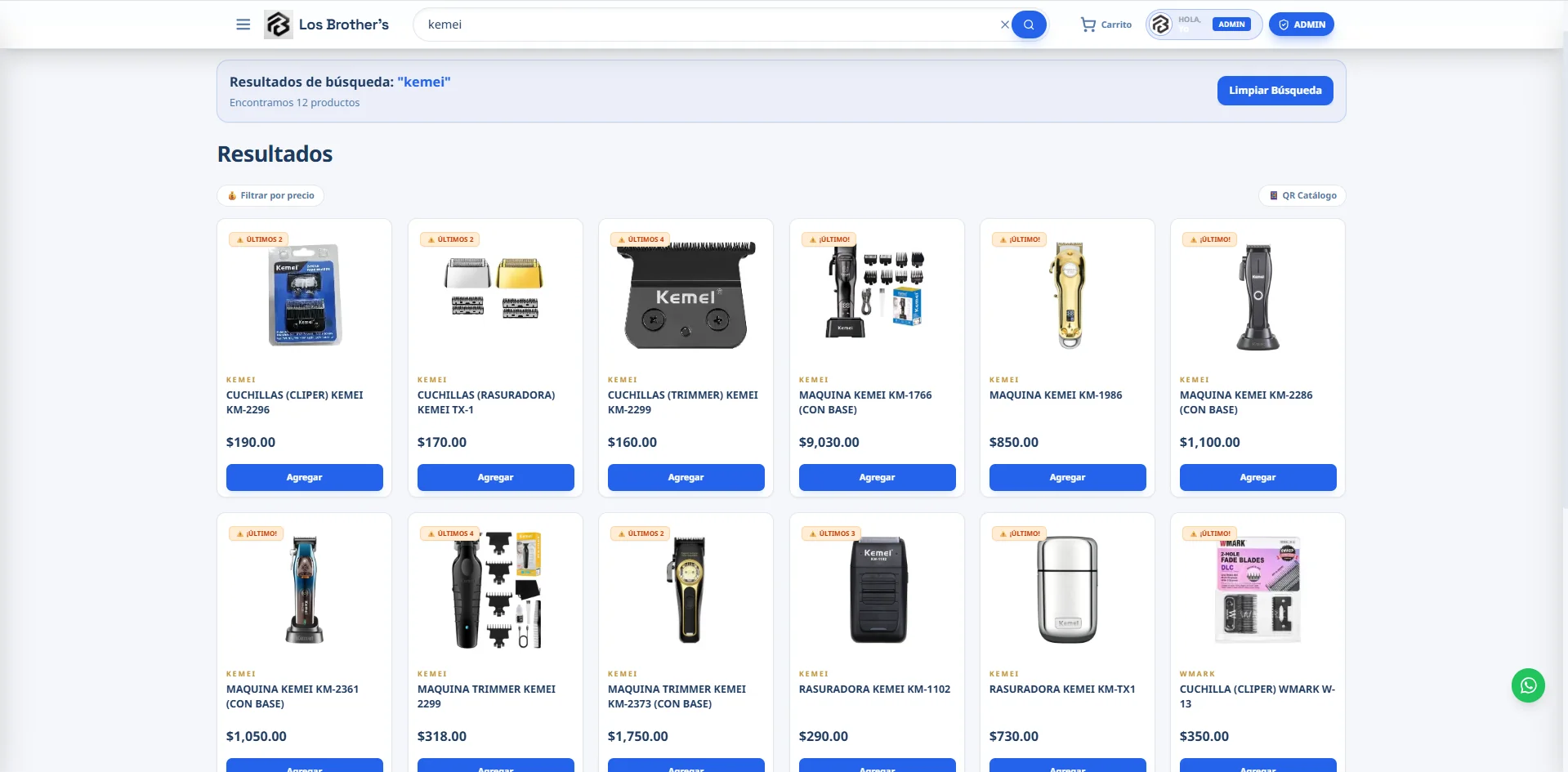Búsqueda de productos en la tienda en línea de Fix OS con resultados filtrados