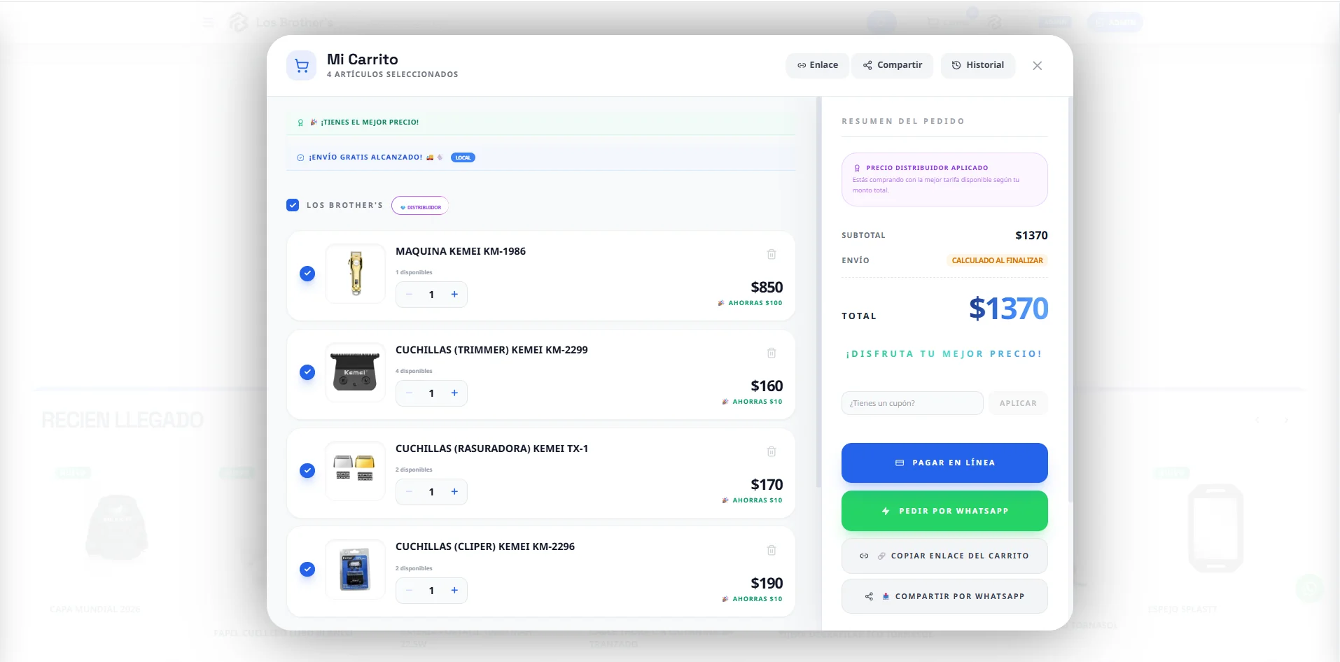 Carrito de la tienda Fix OS: pagar en línea o pedir por WhatsApp, con precio por rol aplicado