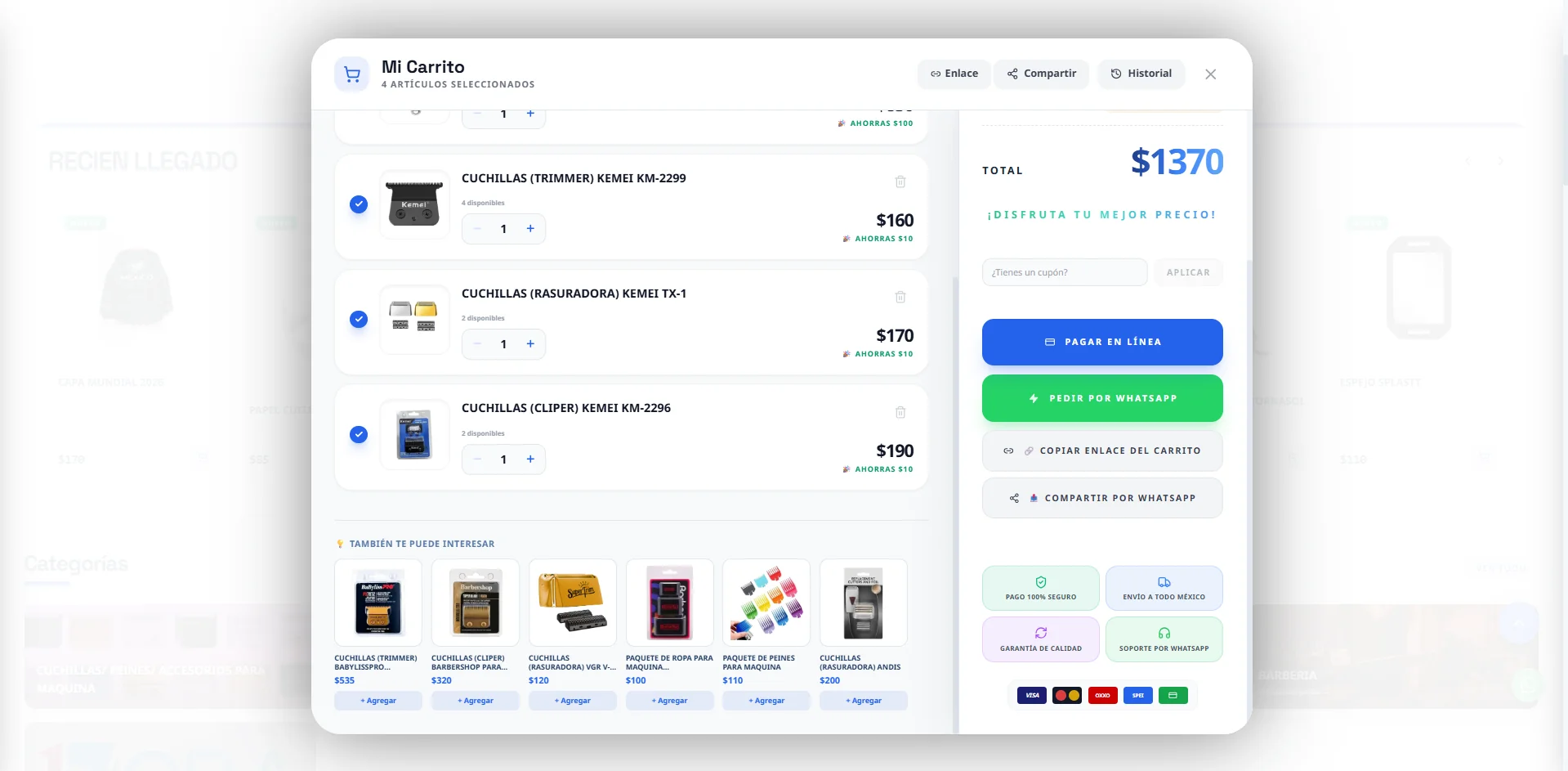 Checkout de la tienda Fix OS con métodos de pago, garantías y productos sugeridos